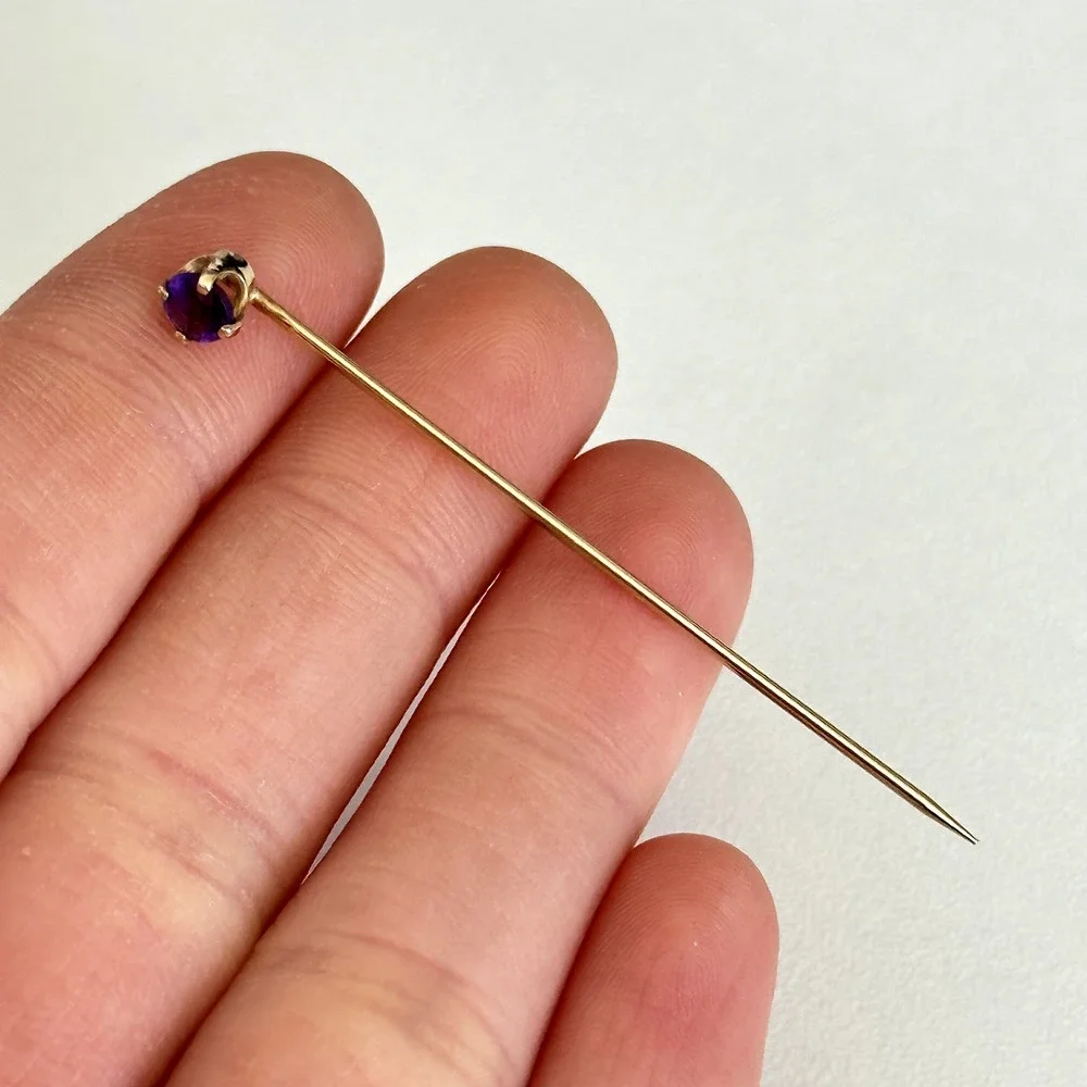 14K Yellow Gold Genuine Amethyst Gemstone Ladies Slim Stick Pin 2